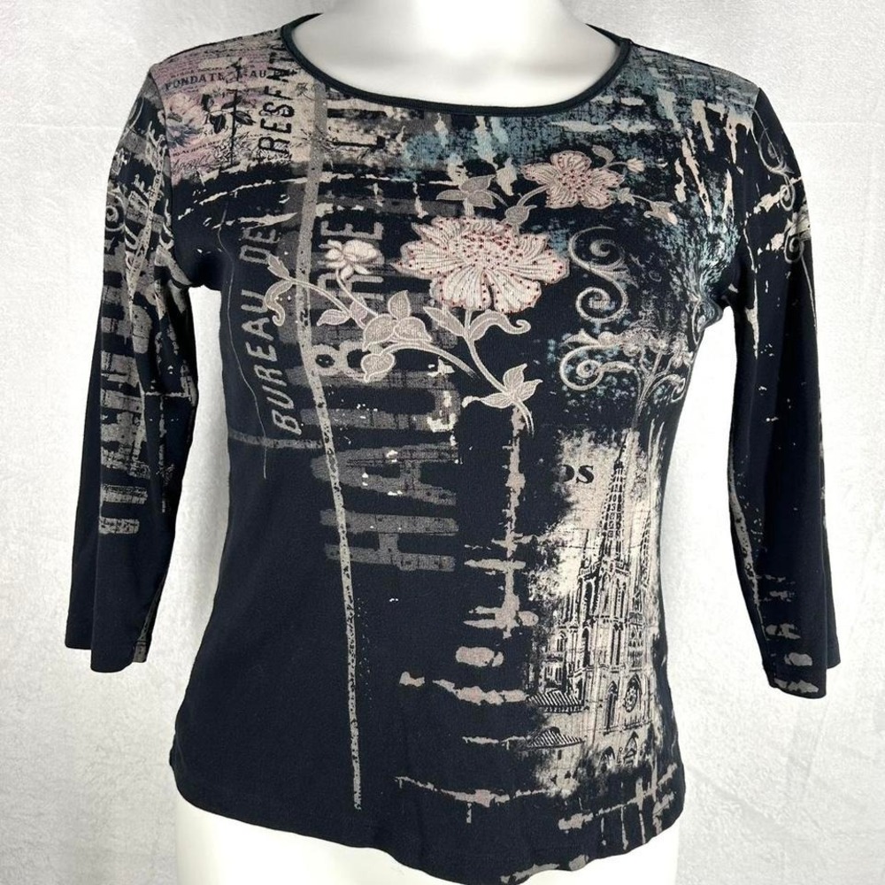 Katina Marie XL Black Graphic Art Top 3/4 Sleeve Floral Paris Cotton USA Made